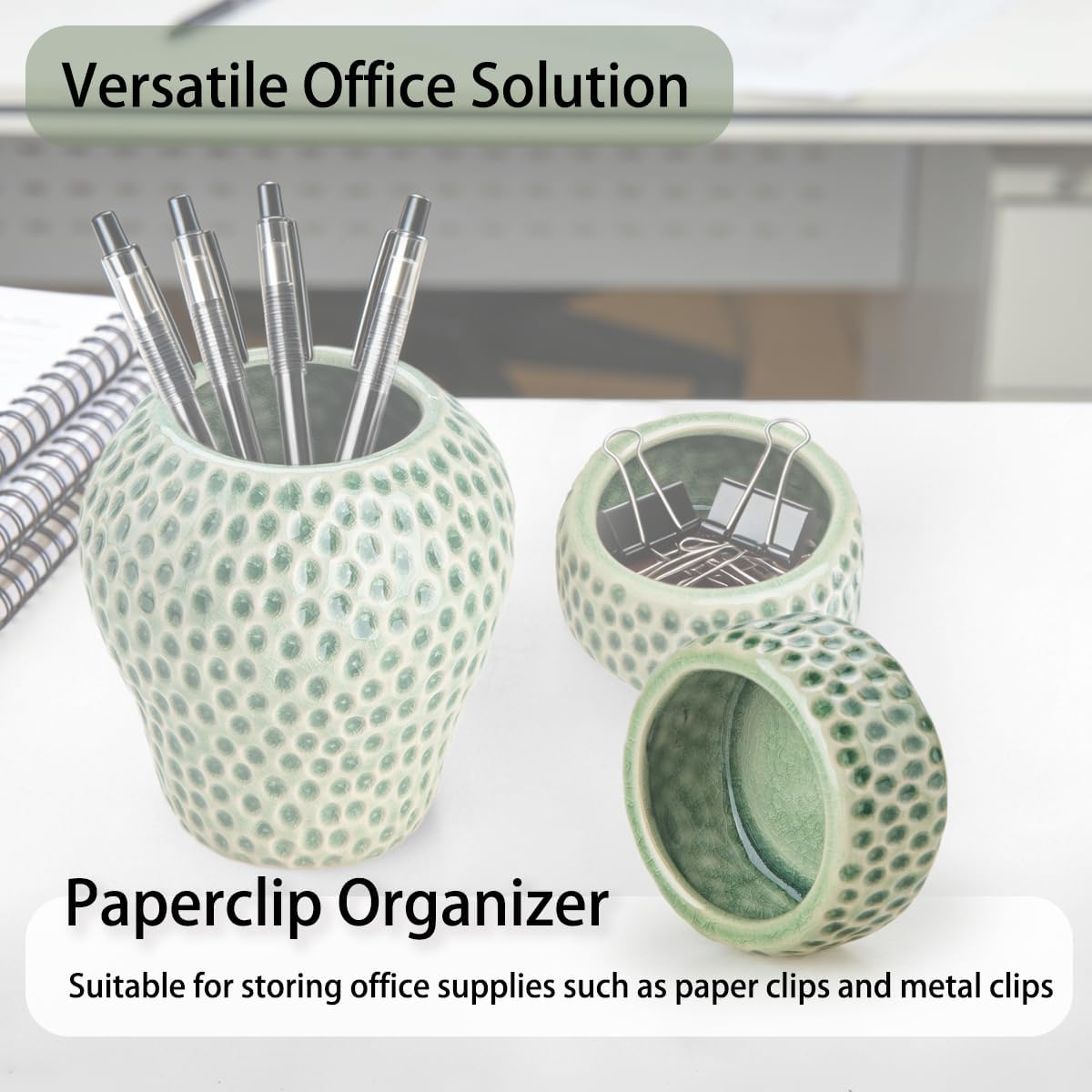 Ceramic Paper Clip Holder, Strawberry Pen Holder Set, Desktop Aesthetic Creative Storage Set of 2, Office Home Decor(Red)