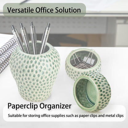 Ceramic Paper Clip Holder, Strawberry Pen Holder Set, Desktop Aesthetic Creative Storage Set of 2, Office Home Decor(Red)