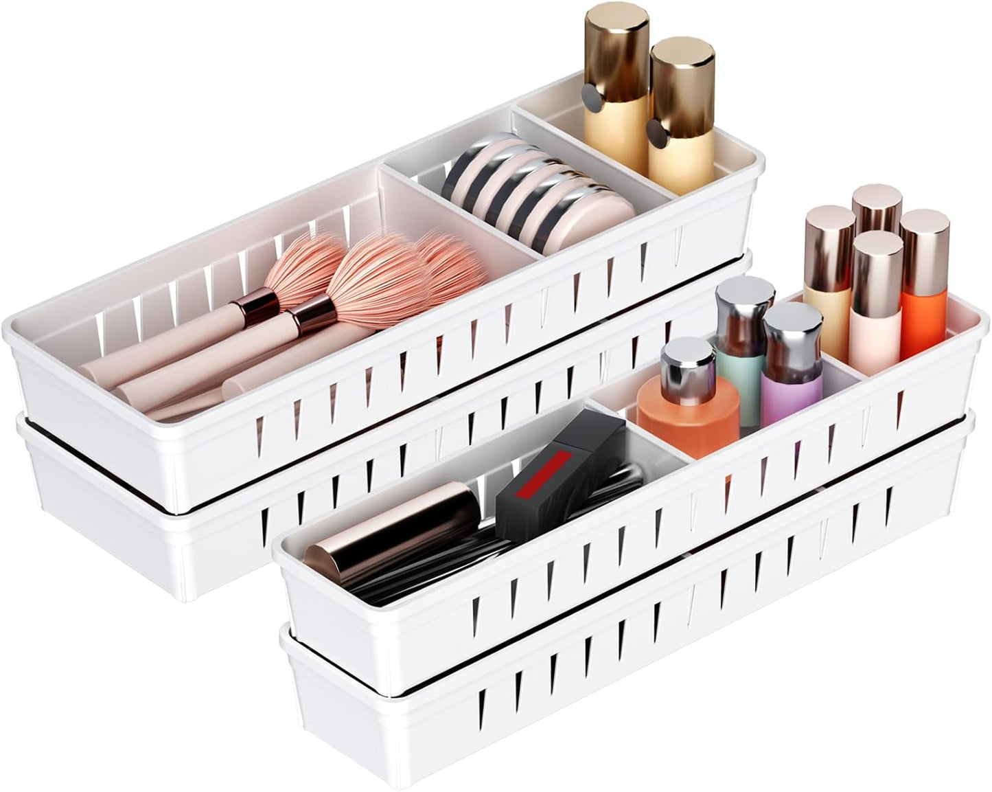 Desk Drawer Organizer Tray, 4 Pack Expandable Drawer Organizer with Dividers Adjustable, Bathroom Organizer Bins for Junk, Office, Makeup, Kitchen Utensil