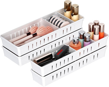 Desk Drawer Organizer Tray, 4 Pack Expandable Drawer Organizer with Dividers Adjustable, Bathroom Organizer Bins for Junk, Office, Makeup, Kitchen Utensil