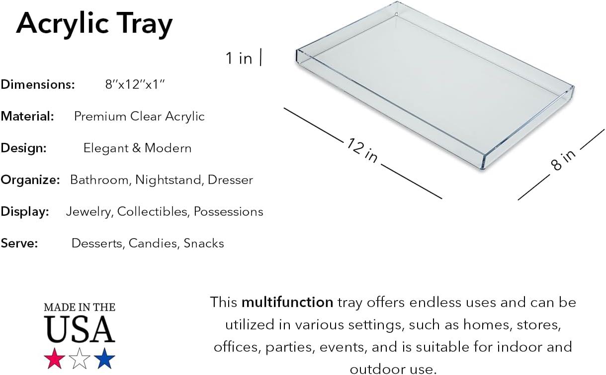 Clear Acrylic Organizer Tray, 12 x 12 Low-Profile Display & Vanity Tray – BPA-Free, Bathroom, Desk, Decor & Serving (Dry Use Only) - Made in USA