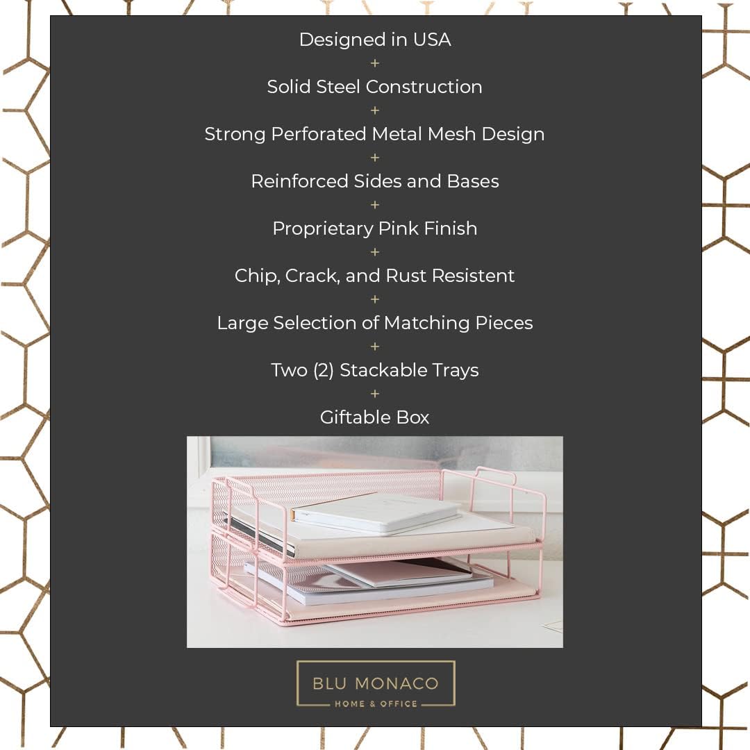 BLU MONACO | Paper Tray Stackable Gold Mesh Set of 2 | Stackable File Trays for Desk Organization | Tiered Desk Organizer with Metal Letter Trays