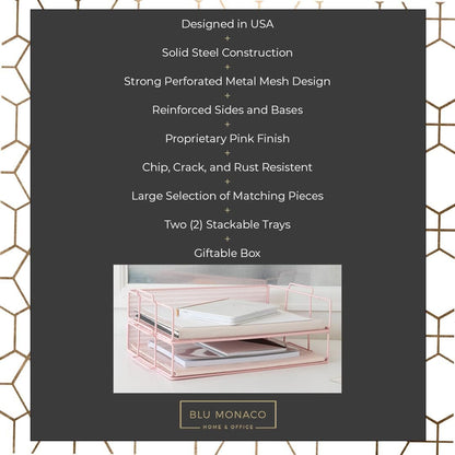 BLU MONACO | Paper Tray Stackable Gold Mesh Set of 2 | Stackable File Trays for Desk Organization | Tiered Desk Organizer with Metal Letter Trays
