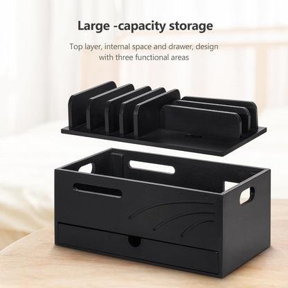 Homde Natural Bamboo Charging Station Rack for Multiple Devices Cable Cord Management Box Organizer Holder with 6 Slots Drawer for Chargers Phones Tablets Watches Electronics (Natural)