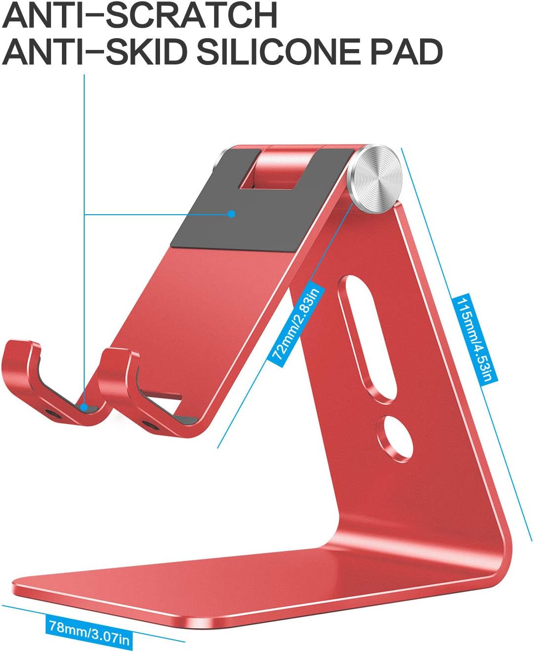 Adjustable Cell Phone Stand, OMOTON Aluminum Desktop Cellphone Stand with Anti-Slip Base and Convenient Charging Port, Fits All Smart Phones, Silver