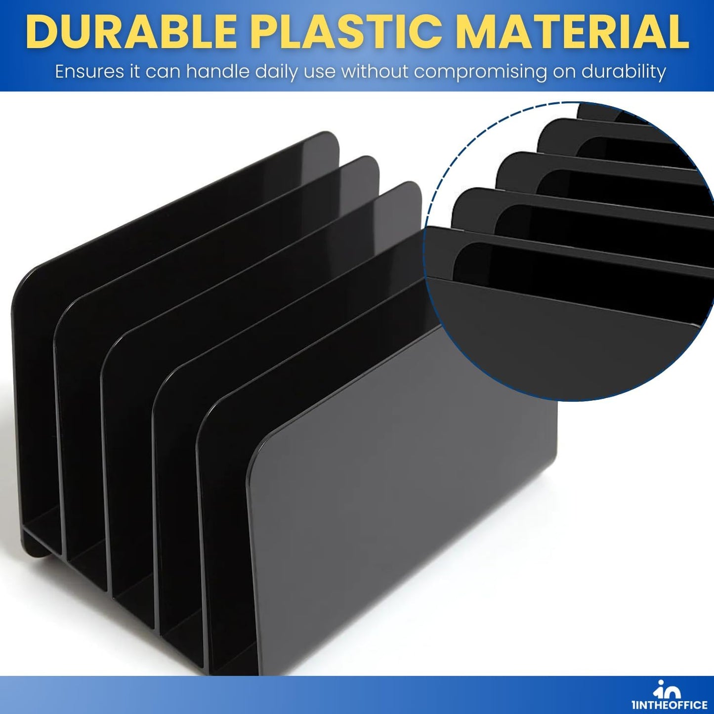 1InTheOffice Inclined Desktop File Organizer, Plastic Desk File Sorter for Documents, Space-Saving, Black, 5 Compartments
