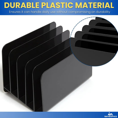 1InTheOffice Inclined Desktop File Organizer, Plastic Desk File Sorter for Documents, Space-Saving, Black, 5 Compartments