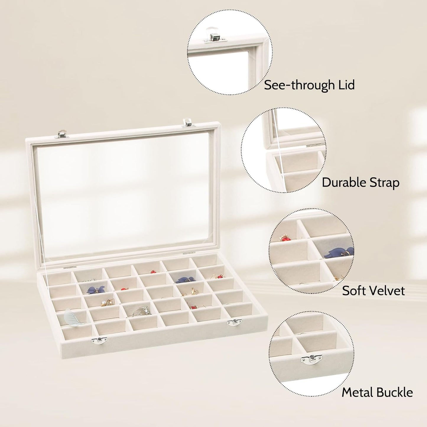Stratalife Jewelry Organizer Bracelet Organizer Storage Box 12 Grid Stackable Jewelry Tray with Lid Velvet Jewelry Box for Drawer Necklace Bracelet Display Storage Organizer Box (Beige)