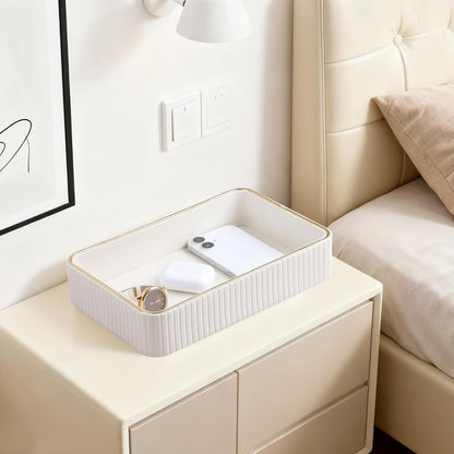 Desk Organizer Tray, PU Leather Nightstand Organizer Perfume Valet Tray for Men Women, Decorative Vanity Trays Trinket Dish Key Bowl for Entryway Table (2pcs, Ivory, Large+Small)