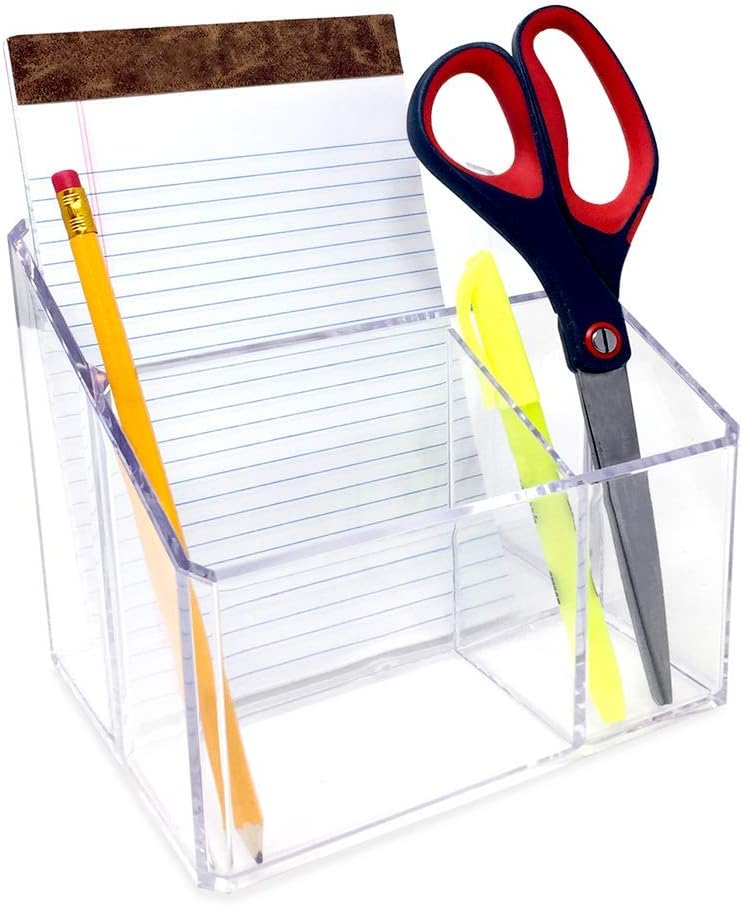 Isaac Jacobs Clear Acrylic 3-Compartment Organizer, Remote Holder & Multi-Functional Makeup, Brush, Pen & Pencil Storage Solution, for The Home, Bathroom, Office, Child’s Desk (3-Section, Clear)