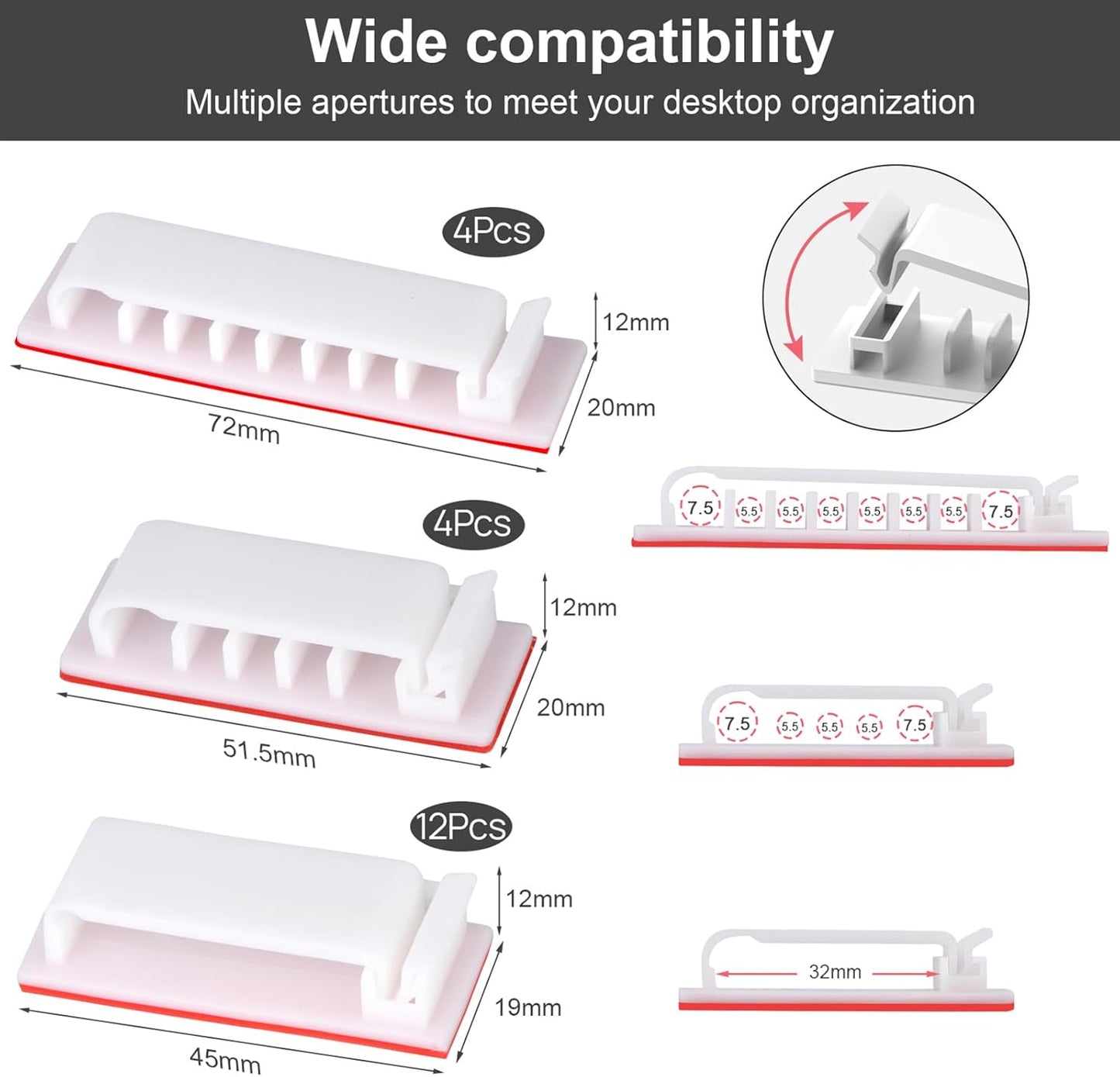 Cable Management Clips, 20Pcs Cord Organizers Wire Clips Cord Holder for TV PC Ethernet Cable Desk Home Office (Black)