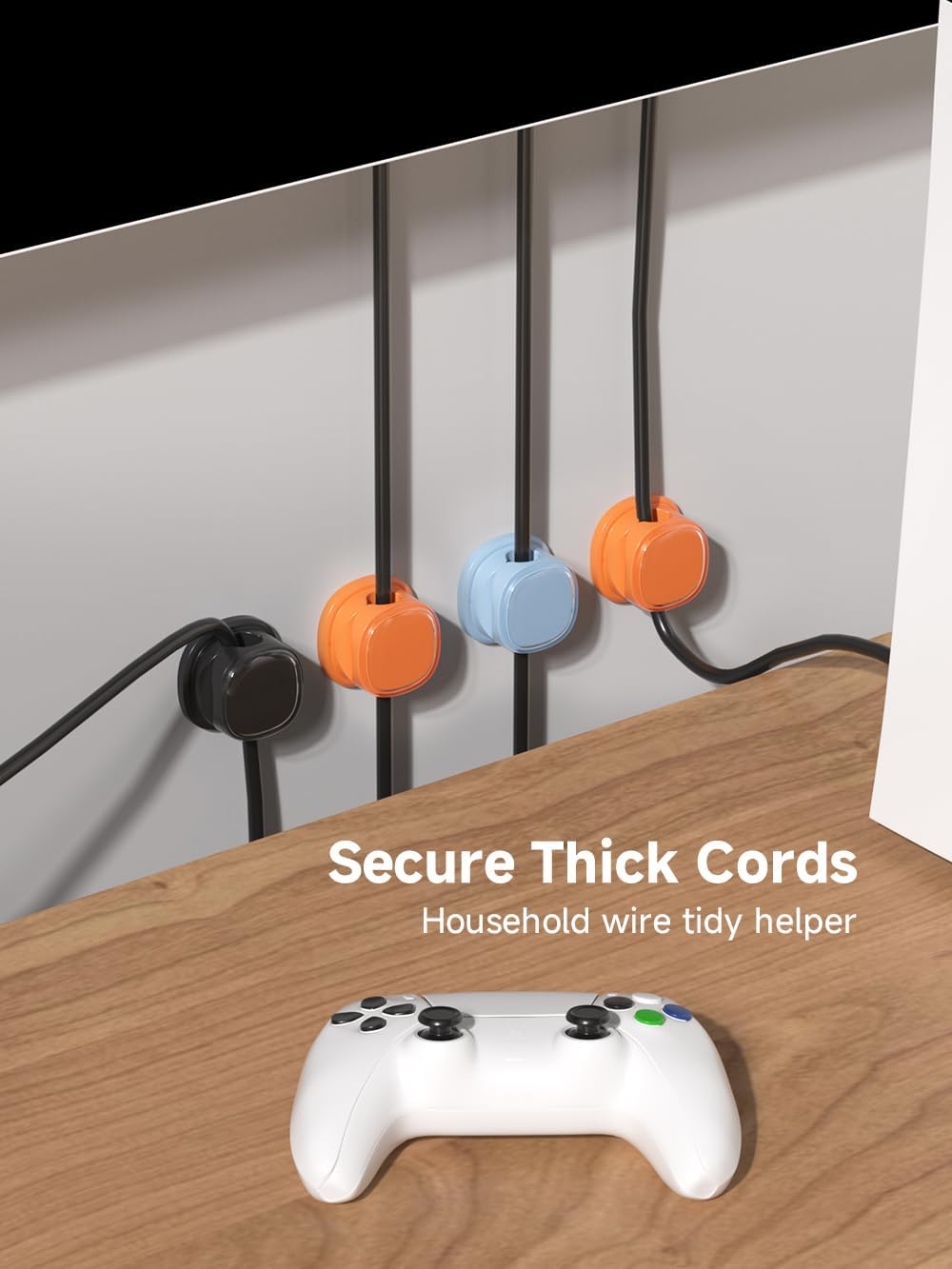 9 Pack Cord Organizer, Spring Cable Management, Adhesive Cute Cable Holder Clips, Phone Charger Wire Keeper for Desk Nightstand Car Office (9-Pack White_Orange_Blue)