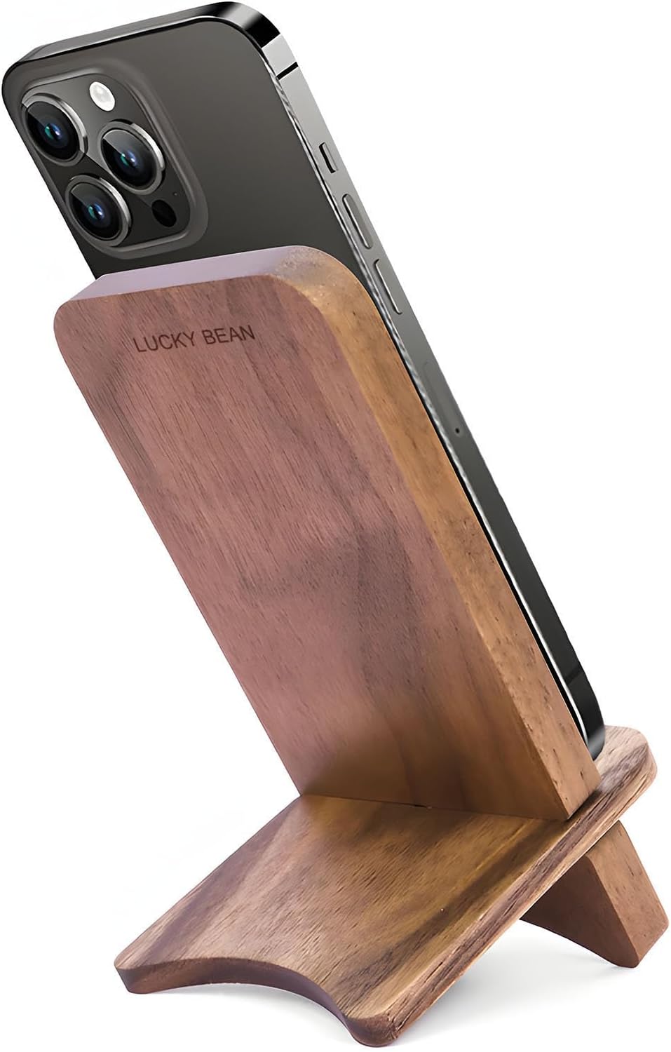 LUCKY BEAN Wood Phone Stand, Desktop Wooden Phone Holder, Portable Phone Stand for Desk, Compatible with iPhone & All Cell Phones (Walnut Wood)