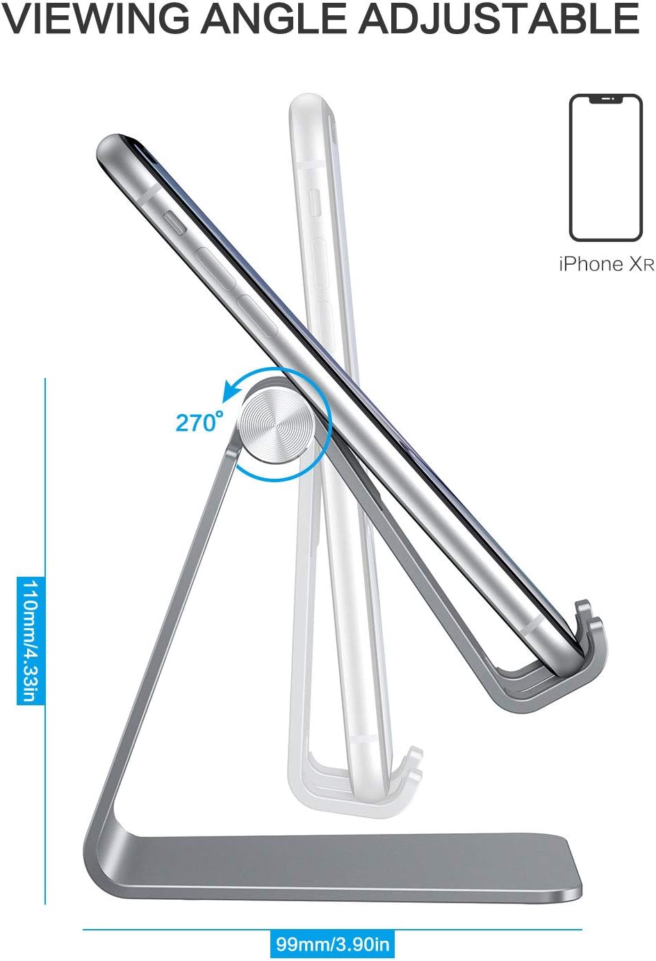 Adjustable Cell Phone Stand, OMOTON Aluminum Desktop Cellphone Stand with Anti-Slip Base and Convenient Charging Port, Fits All Smart Phones, Silver