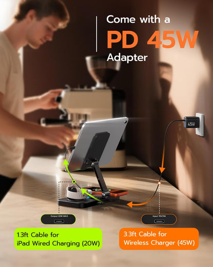 45W 6 in 1 Charging Station for Apple Multiple Devices with Clock & Light, 20W Fast Foldable Wired Charging Stand for iPad/Tab, Wireless Charger Design for MagSafe Charger for iPhone 17/iWatch/Airpods