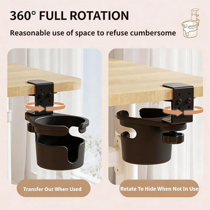 Clamp-On Under Desk Organizer with Cup Holder, 360° Rotating Mesh Drawer with Cable Hole, No-Drill Desk Drawer Organizer for Gaming Desk Accessories, Office Supplies, Coffee Mug, Dorm(2 in1)