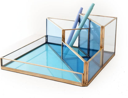 FONDAZZA Gold & Blue Glass Desk Organizer - Elegant Office Decor, Aesthetic Makeup Brush Holder, 2-Compartment Pen Holder, Pencil Cup, Vanity & Cosmetic Storage, Desk Accessories for Women