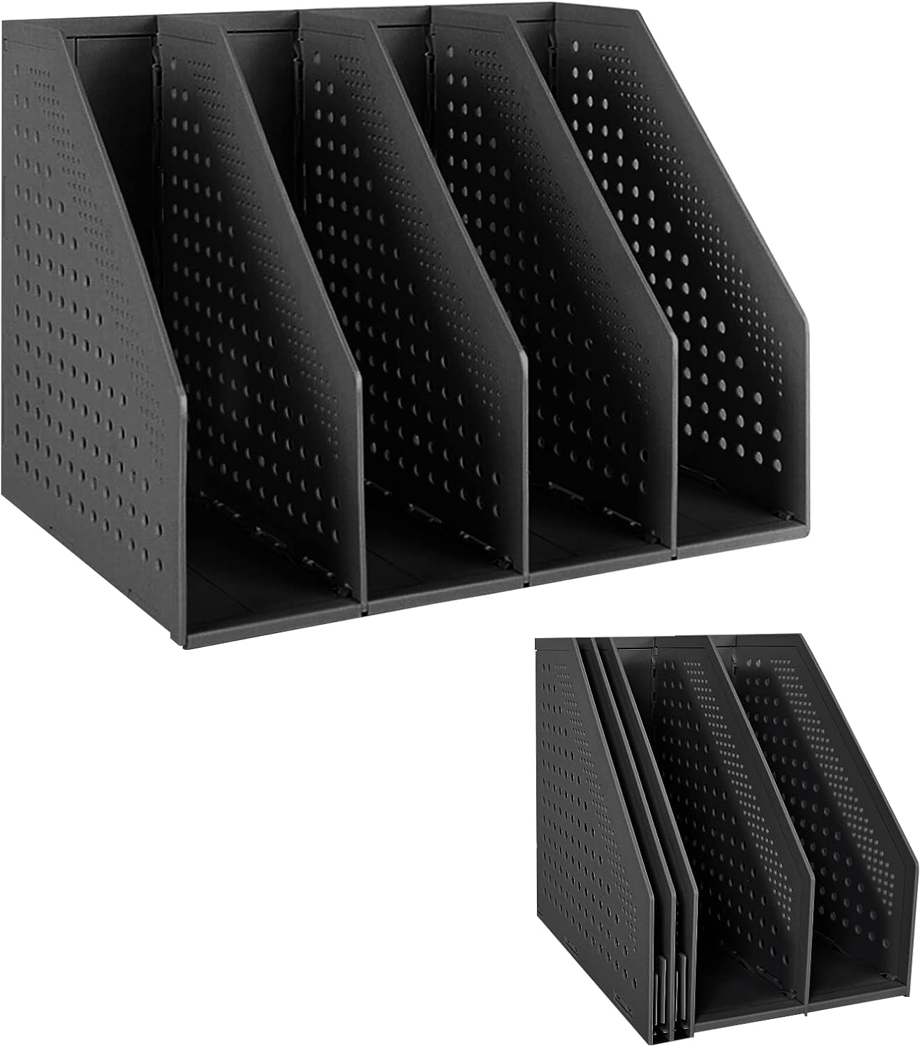 SAYEEC 2Pcs Collapsible Plastic Magazine File Holder Vertical Binder Storage Organizer for Desk Sturdy Upright Desktop Magazine Organizer Folder Rack for Office School Home (3 Compartments, Black)