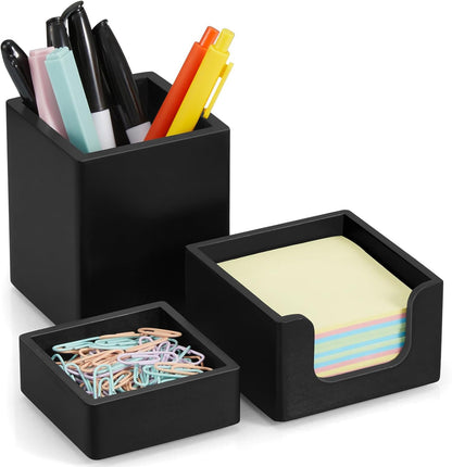 Desk Organizer Set of 3 - Bamboo Office Desk Accessories - Desk Organizers and Accessories for Women Men - Set incl. Pencil Pen Holder, Paperclip Storage and Sticky Note Holder
