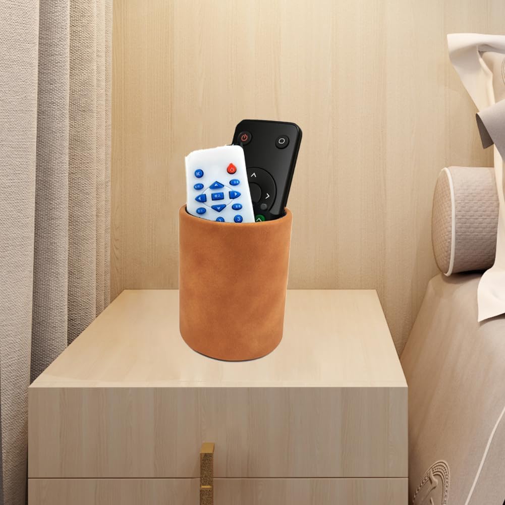 Leather Pen Holder, Brown Pencil Holder, Desktop Elegant Pen Holder for Desk, Stationery Organizer for School Office Home Dorm (3.3" x 3.3" x 4", Brown)
