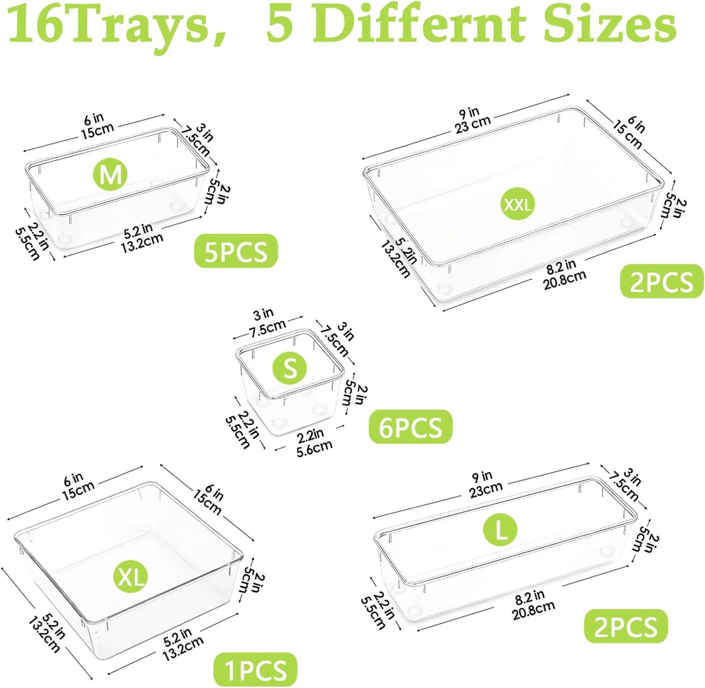 Clear Acrylic Drawer Organizer Trays, 5 Size Junk Box Organization Small Storage Container Bin for Desk Makeup Bathroom Vanity Kitchen Tool Make Up Workspace Home Dorm Apartment Office Room Nightstand