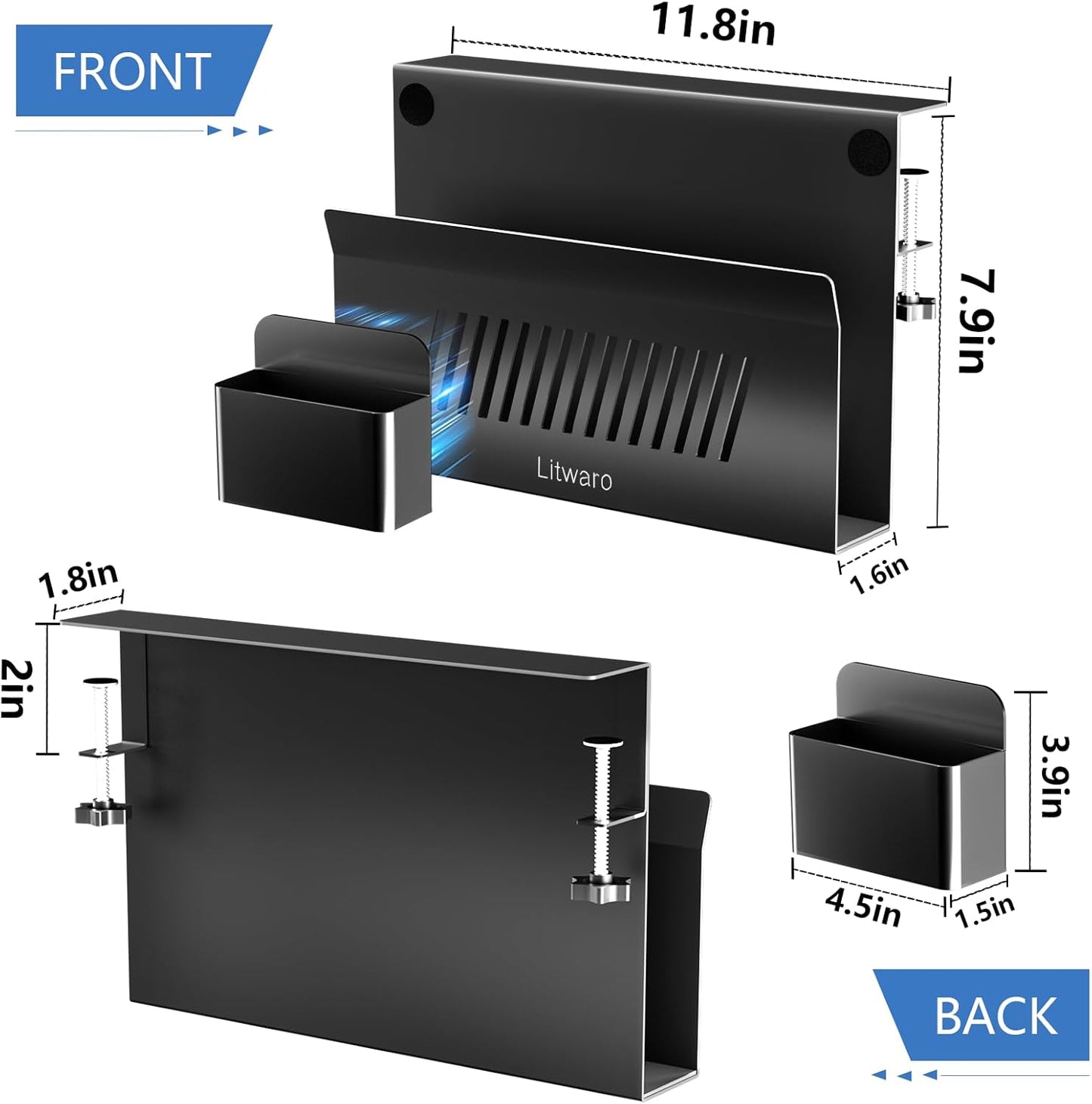 Litwaro Desk Side Storage Organizer, 2 Tier Under Desk Laptop Holder No Drill, Laptop Mount with Magnetic Pen Holder, Hanging Desk Organizer Fits Flat Edge Desks 0.4" to 2.1" (White)
