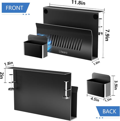 Litwaro Desk Side Storage Organizer, 2 Tier Under Desk Laptop Holder No Drill, Laptop Mount with Magnetic Pen Holder, Hanging Desk Organizer Fits Flat Edge Desks 0.4" to 2.1" (White)