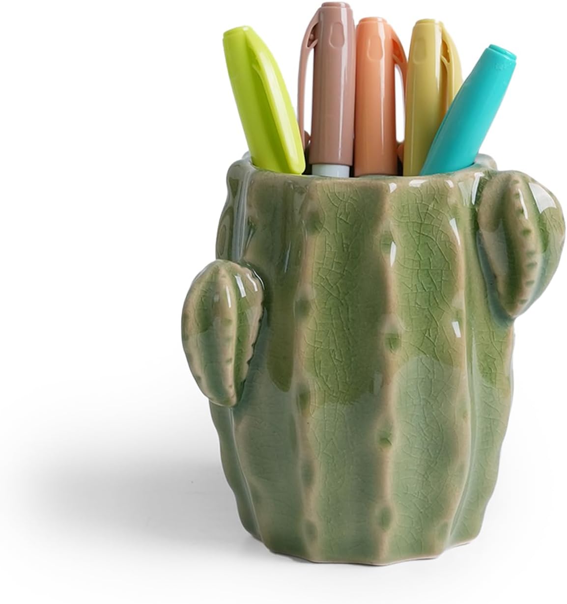 Ceramic Cactus Pen Holder, Cactus Decor Cute Pencil Holder, Makeup Brush Holder for Home, Office Desk Accessories(Dark Green)