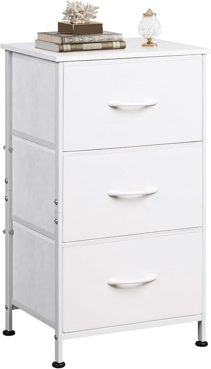 WLIVE Dresser with 3 Drawers, Fabric Nightstand, Cabinet with Wheels, Organizer Storage Dresser for Bedroom, Office, Entryway, Closets, Sturdy Steel Frame, Wood Top, Easy Pull Handle, White