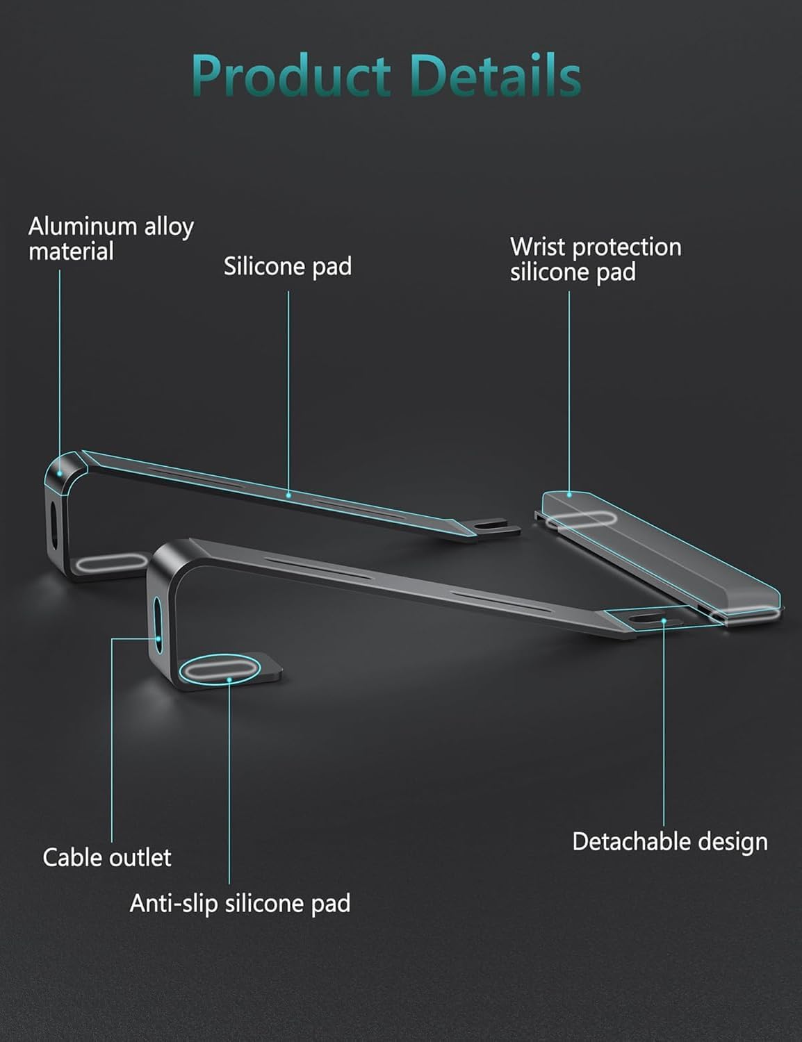 JCZT Aluminum Laptop Stand, Notebook Stand with Wrist Rest, Ergonomic Detachable Laptop Mount, Computer Stand Compatible with 10-17'' All Laptops Such as MacBook Air Pro/HP/Dell/Lenovo, Gold
