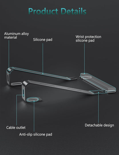 JCZT Aluminum Laptop Stand, Notebook Stand with Wrist Rest, Ergonomic Detachable Laptop Mount, Computer Stand Compatible with 10-17'' All Laptops Such as MacBook Air Pro/HP/Dell/Lenovo, Gold