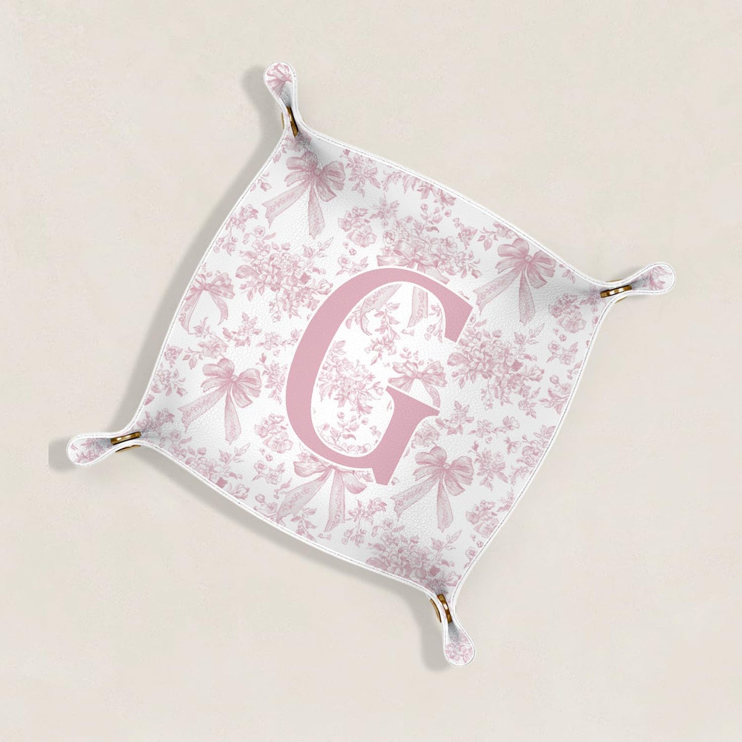 Gifts for Mom Initial Valet Tray,Pink Personalized Gifts for Women Mom Grandma Girlfriend,Nightstand Desk Accessories PU Leather Tray Organizer for Birthday Christmas Gift Ideas (B)