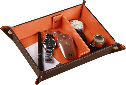 YAPISHI Key Dish Bowl for Men, Entryway Catchall Holder Bedside Table Valet Tray for Pocket Stuff, PU Leather Nightstand Organizer for Dice/Coins/Wallet/Watch/Rings/Sunglasses, Dresser/Coffee Table