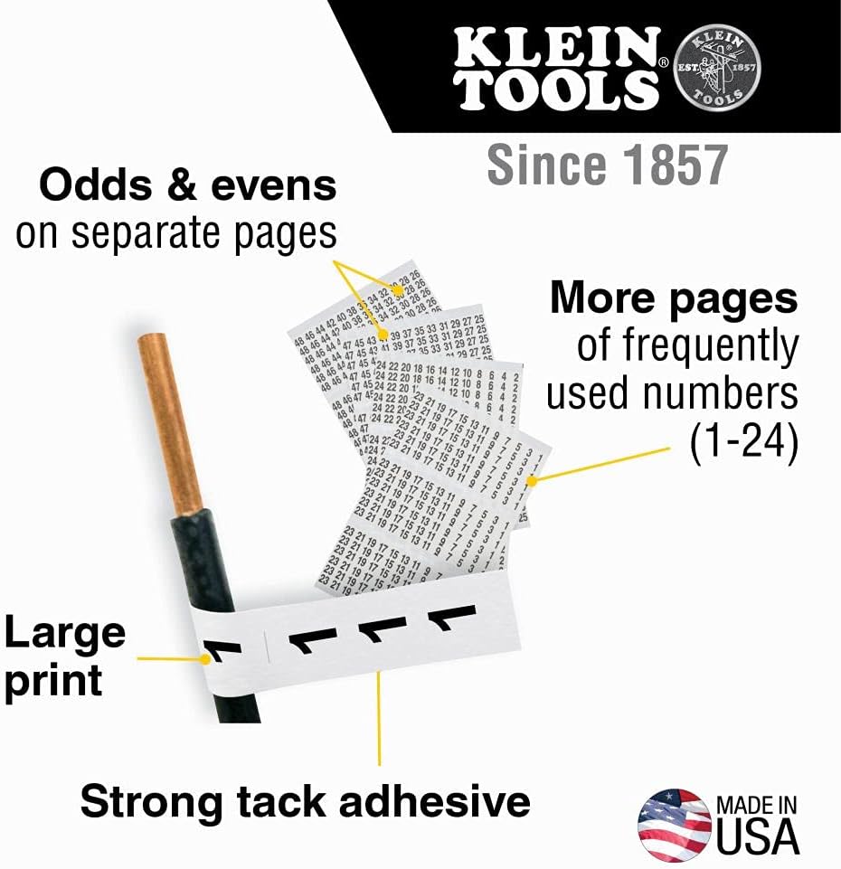 Klein Tools 56250 Wire Marker Book for Cable Management, Electric Panel Organization Wire Label Stickers, Numbered 1-48