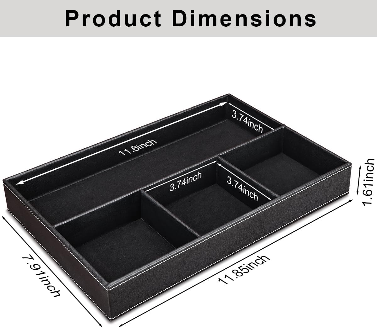 KINGFOM Pu Leather Desk Organizer Tray, 4 Compartment Office Storage Supplies Stationery Drawer Tray, Nightstand Bedside Tray for Key, Wallet, Watch, Coin, Phone Valet Tray Stackable