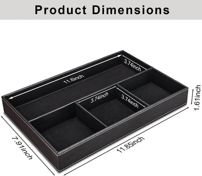 KINGFOM Pu Leather Desk Organizer Tray, 4 Compartment Office Storage Supplies Stationery Drawer Tray, Nightstand Bedside Tray for Key, Wallet, Watch, Coin, Phone Valet Tray Stackable