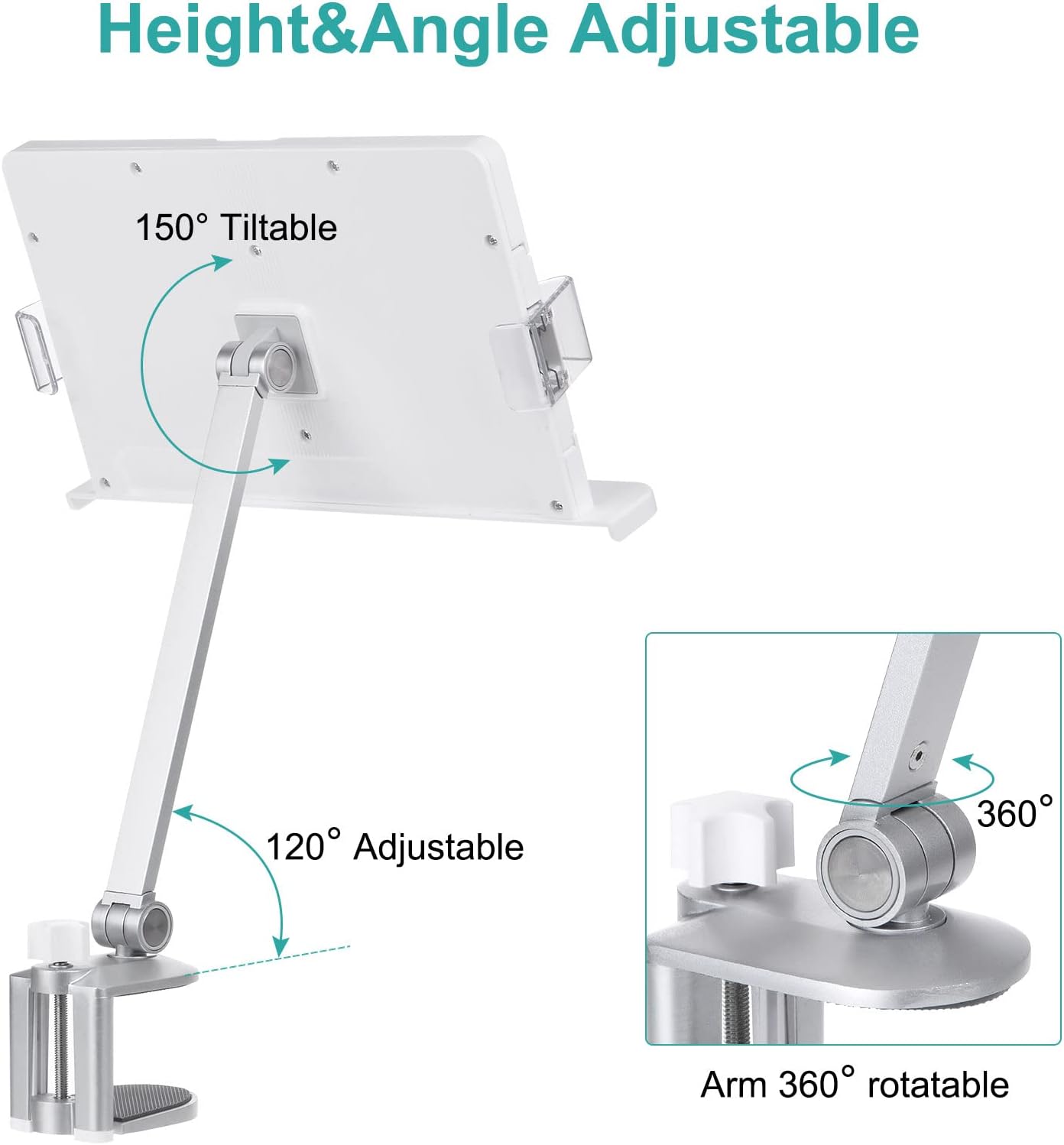 PATIKIL Book Stand for Reading, Metal Reading Rest Book Holder with Page Clips, Height Angle Adjustable, 360° Rotating Arm Suitable for Sheet Music, Laptop