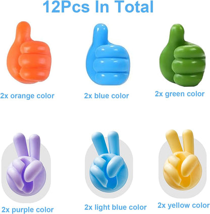 12Pcs Silicone Cord Holders, Thumbs Up Wall Hook for Keys Cord Organizer, Self Adhesive Cable Clips Hooks, Cool Office Gadgets for Desk Stuff