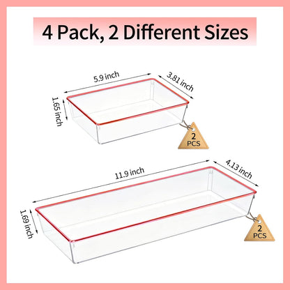 4 Pack Large Size Clear Stackable Drawer Organizer Trays, Gold Rim Makeup Drawer Storage Tray Divider, Desk Storage for Makeup, Jewelry, Bathroom, Stationary, Kitchen Utensils and Office Desk