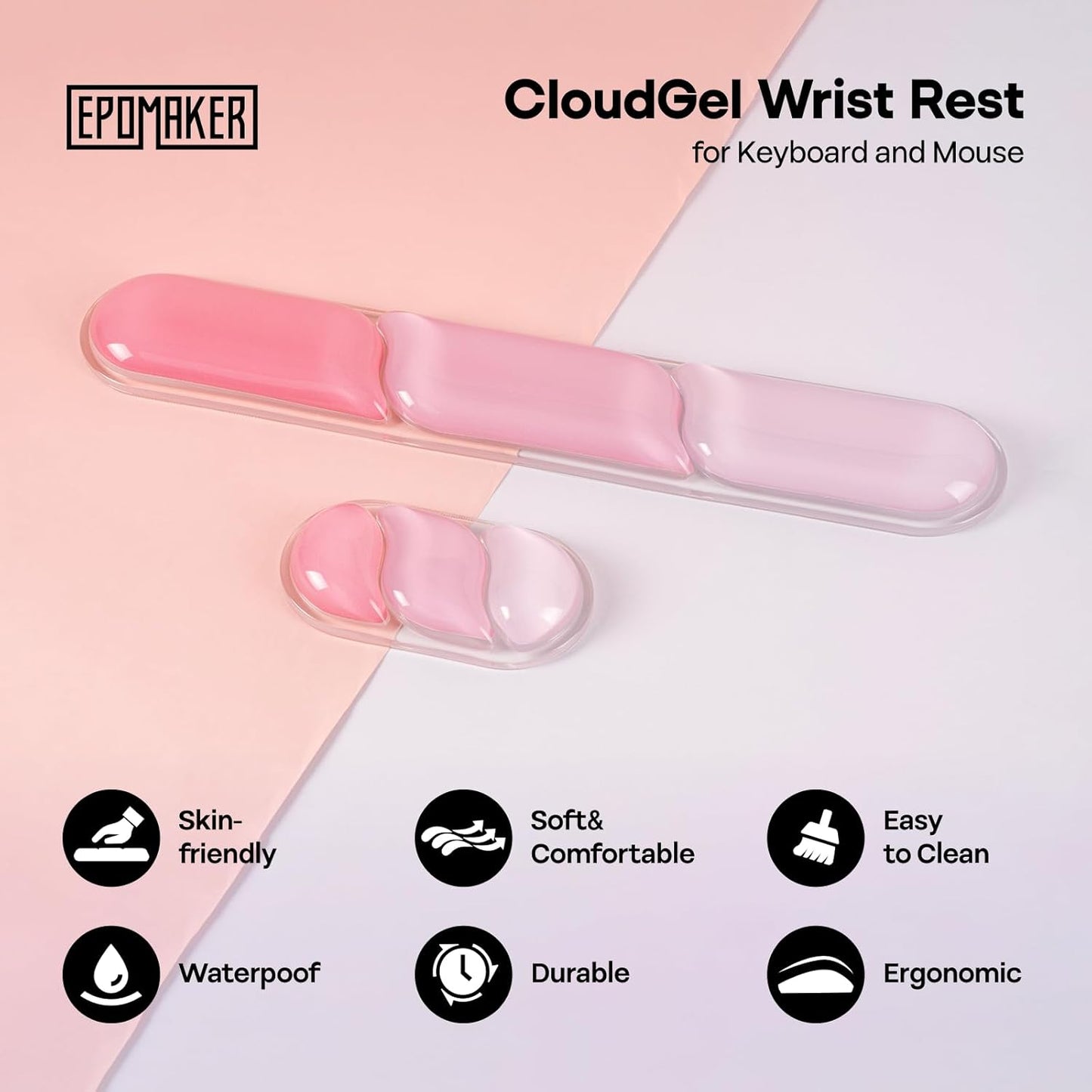 EPOMAKER CloudGel Wrist Rest for Keyboard and Mouse, 2 Pieces Silicone Wrist Support, Anti-Slip Rubber Bottom, Ergonomic Design, Suitable for Office/Computer/Laptop/Gaming (Pink)