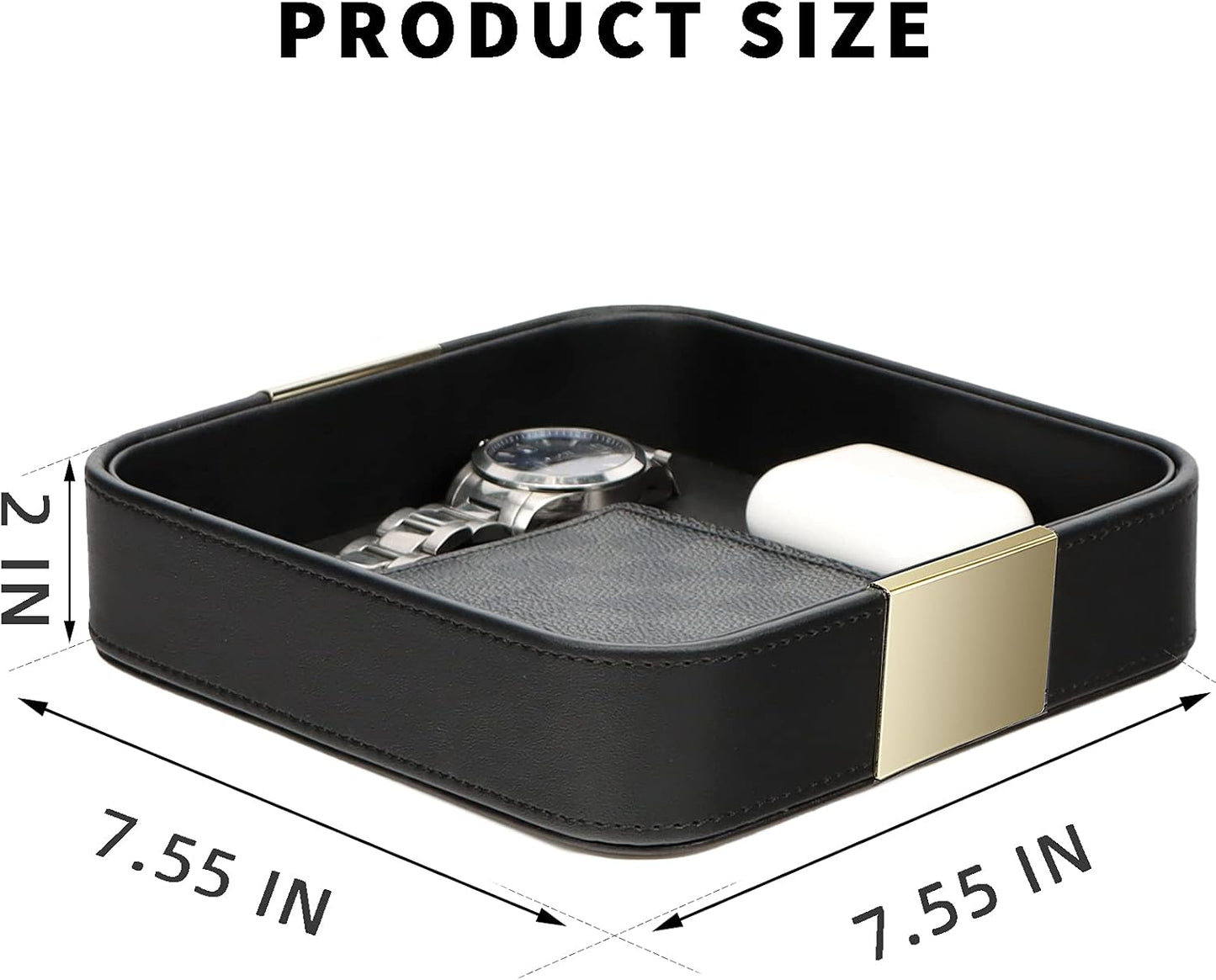 SANZIE Luxury Leather Desktop Storage Small Catchall Organizer Decorative Tray for Entryway Table to Hold Jewelry Watch Cosmetics Keys Phone Wallet, Home & Office Accessories (Metal Silvered, Black)