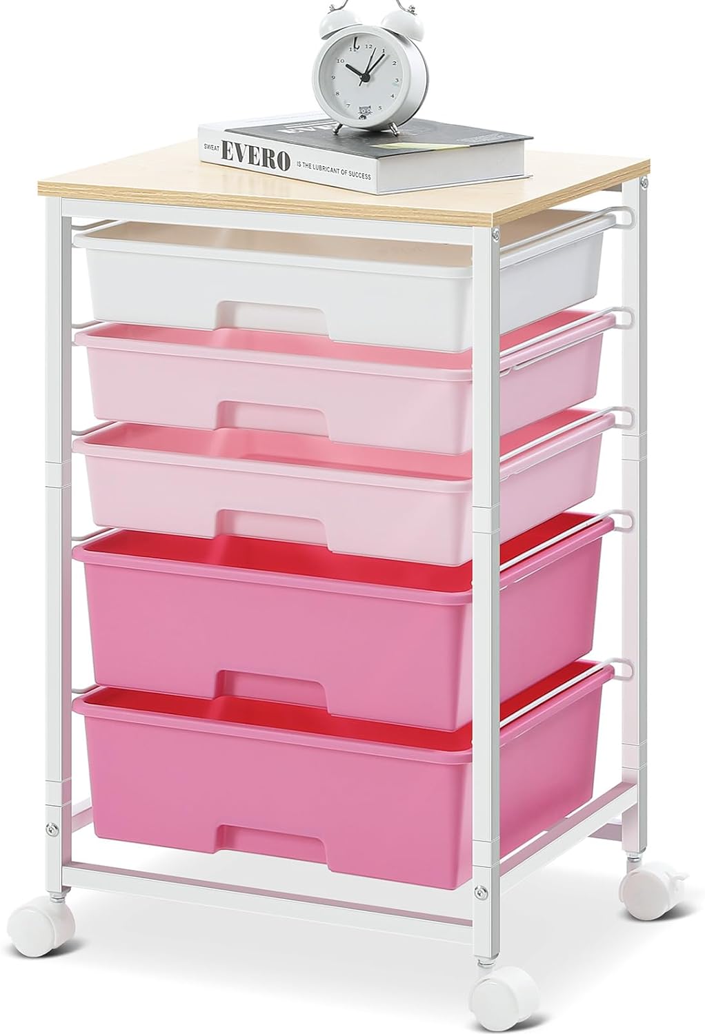 SYKIARIOL Utility Cart with 5 Drawers,Storage Cart with Wooden Tabletop and Lockable Wheels,Craft Storage Trolley Organizer,5-Tier Rolling Utility on Wheels,Light Green