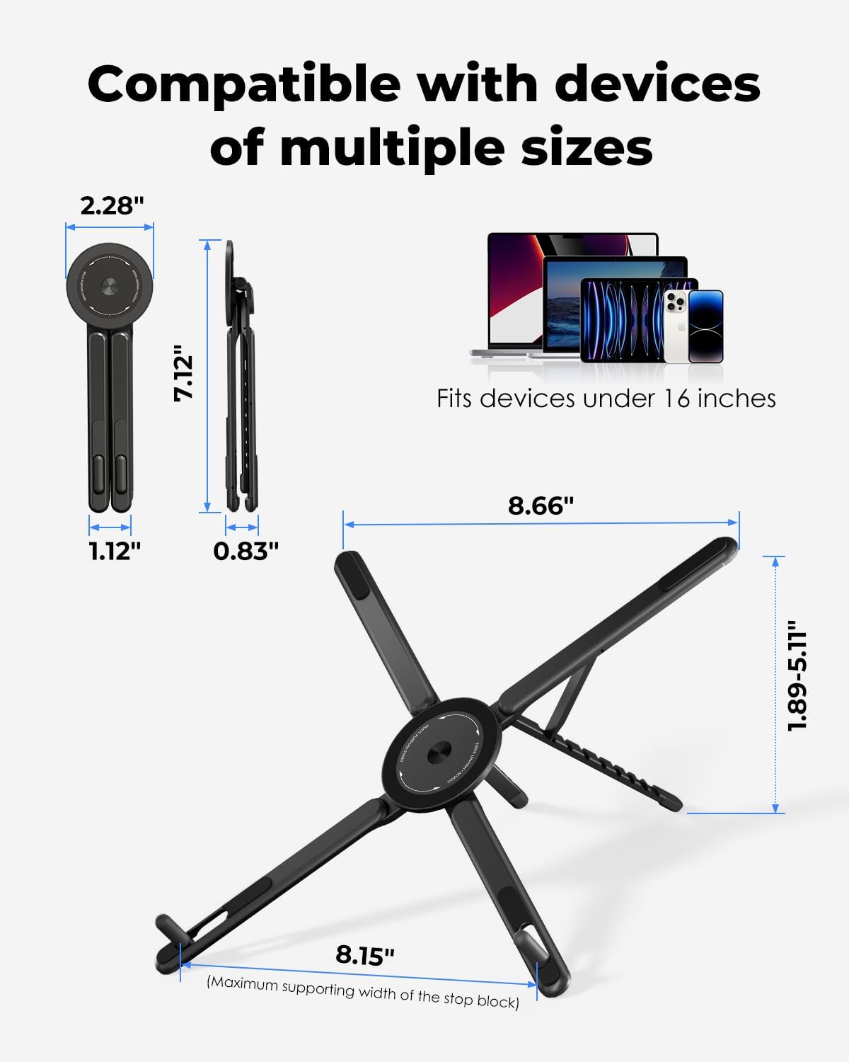 Viozon Portable Laptop Stand for Desk, Foldable Adjustable Computer Riser with Magnetic Phone Holder, Aluminum Laptop Stand for 10–16” Laptops & 4–13” Phones/Tablets (Silver)
