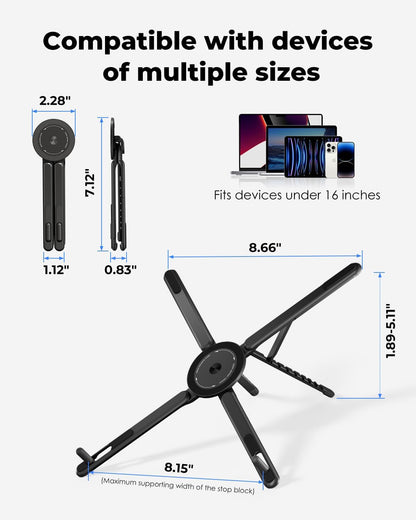 Viozon Portable Laptop Stand for Desk, Foldable Adjustable Computer Riser with Magnetic Phone Holder, Aluminum Laptop Stand for 10–16” Laptops & 4–13” Phones/Tablets (Silver)