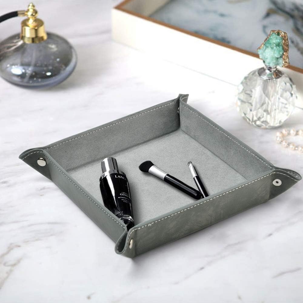 Oirlv Premium Leather Valet Tray for Men Jewelry Organizer, Desktop Storage,Key Wallets Cell Phones Catchall Tray Nightstand or Dresser Organizer Plate (Black)