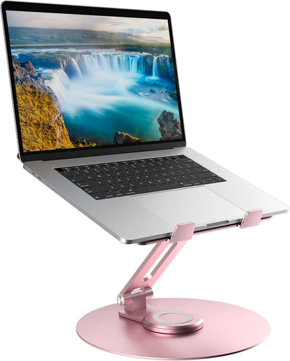 Swivel Laptop Stand for Desk, Adjustable Height Aluminum Computer Stand with 360 Rotating Base, Foldable Ergonomic Riser, Portable Laptop Holder Compatible with MacBook, All Laptops 10-17'', Grey
