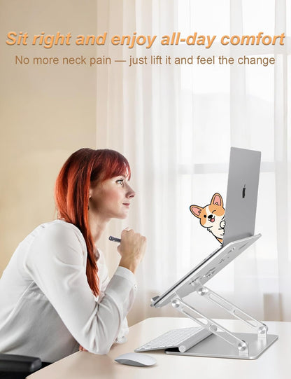 Aoviho Laptop Stand for Desk-Adjustable, Foldable, Portable, Ergonomic Aluminum Notebook Riser with Unique Puppy Cooling Vent, Desk Gift for 10"-17.3" Devices Mac, Dell, HP, Lenovo, Samsung, Gray