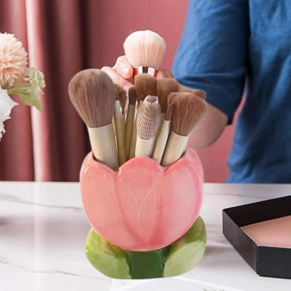 Pink Pencil Holder,Ceramic Tulip Pen Holder, Multi-Purpose Makeup Brush, Aesthetic Office Vanity Kitchen Desktop Decor,Perfect Birthday Christmas Gift for Women Girls