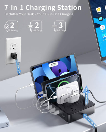 85W Charging Station for Multiple Devices,7 Port USB Charger Stations with 2 AC, 2 USB C, 3 USB A,Family Multi-Device Organizer Charging Dock -Designed for iPhone iPad Android Cell Phone Tablet,Black