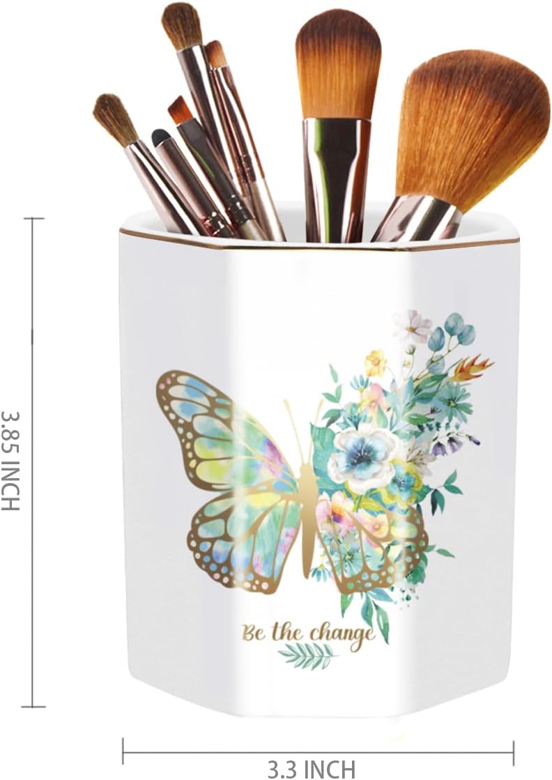 WAVEYU Ceramic Pen Holder for Desk Cute, Pencil Cup Pot Desk Organizer, Makeup Brush Holder for Women, Men, Kids, Desk Marble Decor for Office, Classroom, Home, Gray Golden